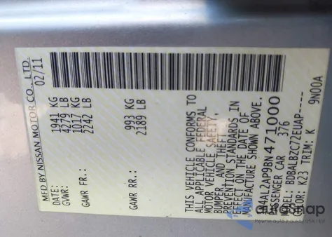 2011 Nissan Altima 2.5 S из США, поврежденный, VIN 1N4AL2AP9BN471000